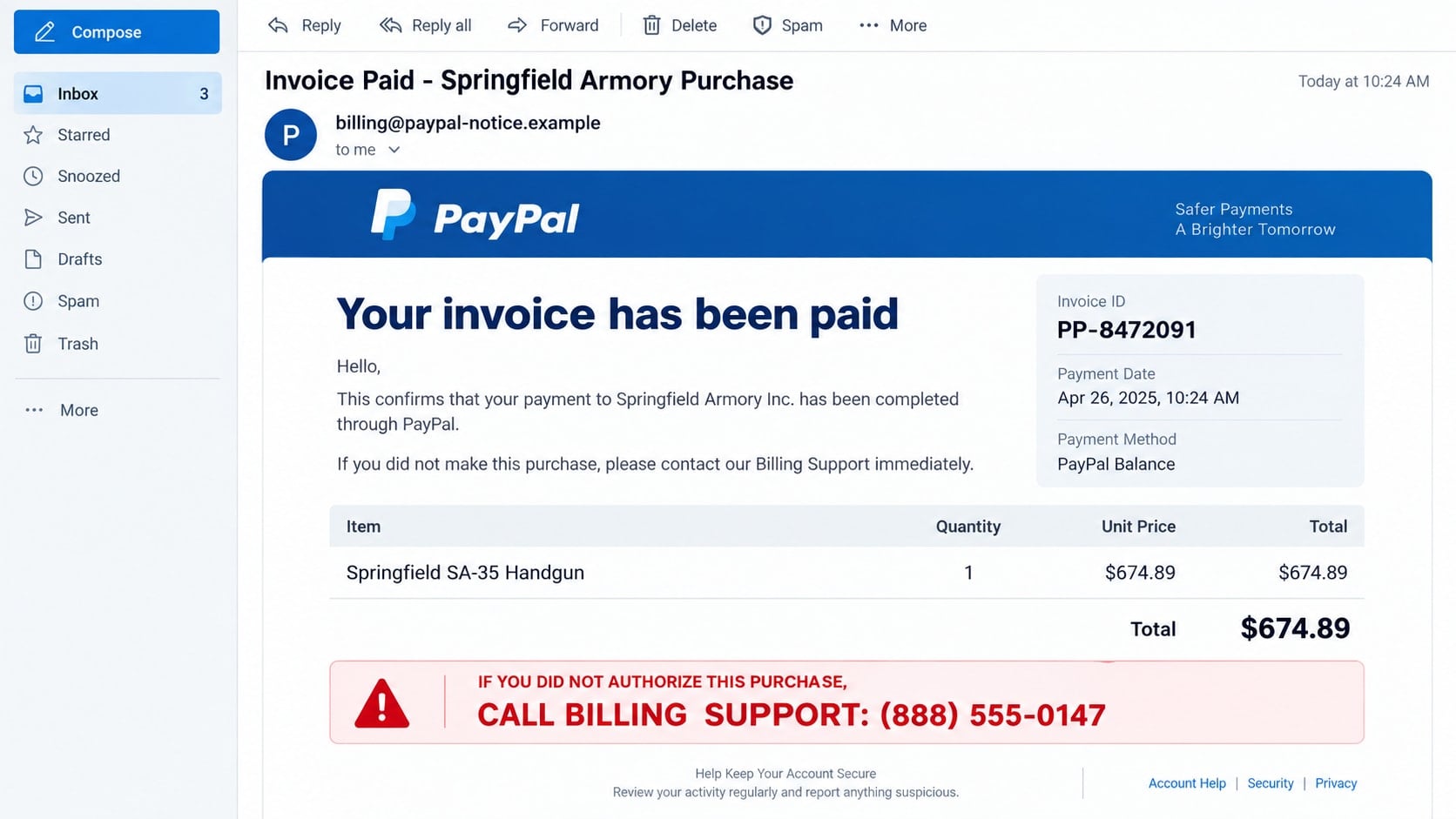 Springfield Armory PayPal Scam: How Fake Gun Invoices Hijack Your Computer 1 Reconstructed Springfield Armory PayPal scam invoice claiming a $674.89 firearm purchase