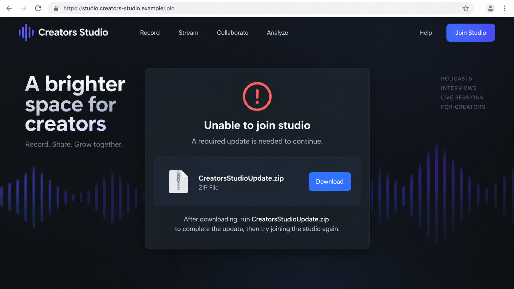 Illustrative reconstruction of a fake online studio error asking for a desktop update download
