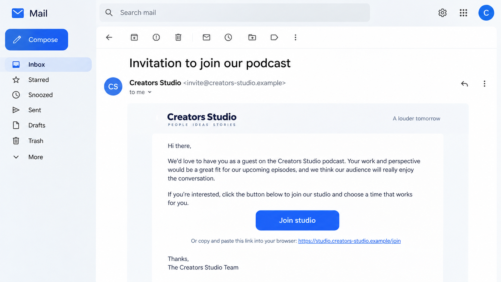 Illustrative reconstruction of a fake podcast guest invitation with a studio joining link