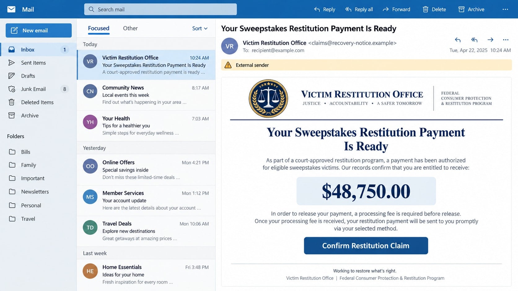 Elderly Sweepstakes Restitution Scam: Fake Recovery Offers Fully Exposed 1 Reconstructed sweepstakes restitution scam email promising a $48,750 recovery payment