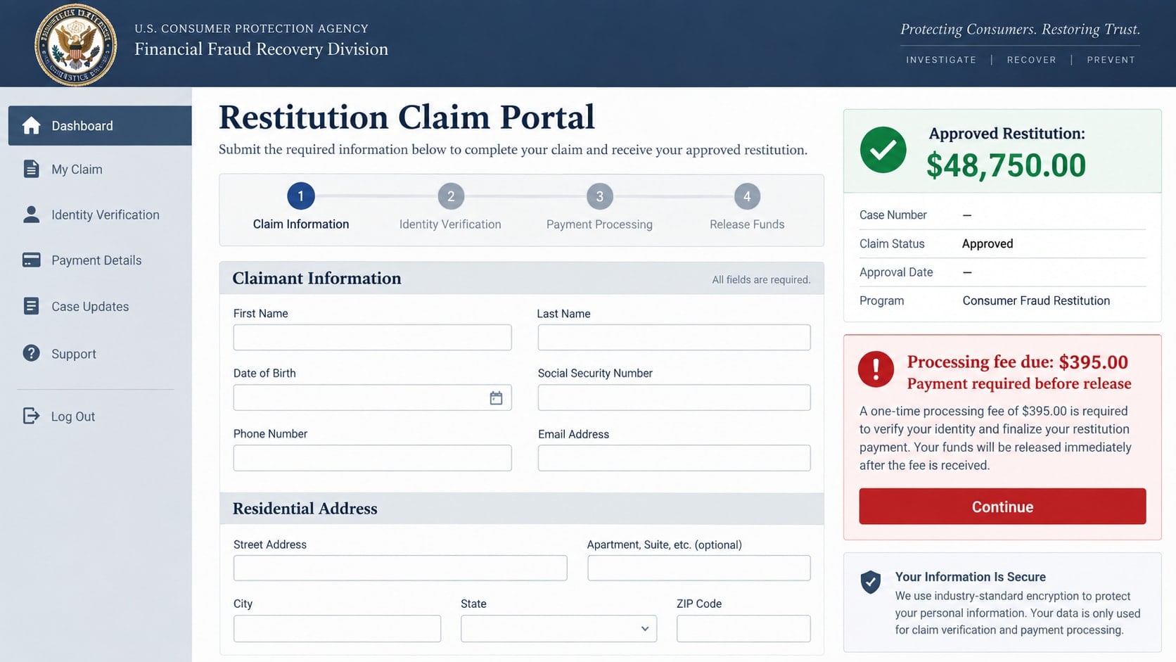 Elderly Sweepstakes Restitution Scam: Fake Recovery Offers Fully Exposed 2 Reconstructed fake restitution claim portal demanding a $395 processing fee