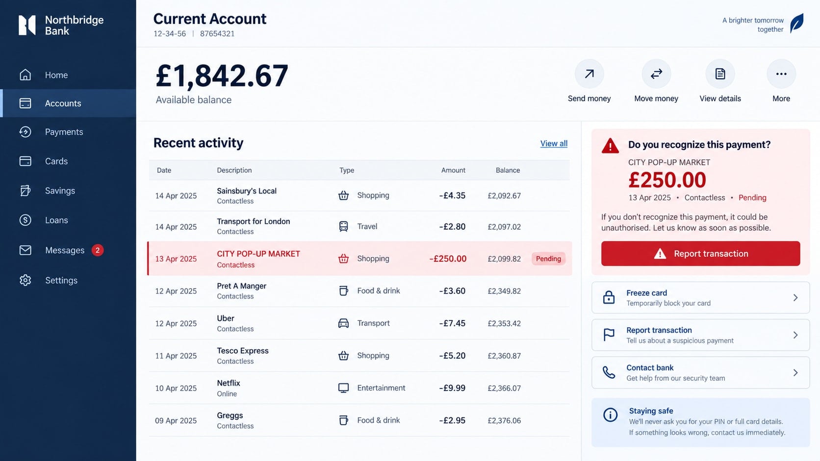 Tap-to-Pay Scam: How Ghost Tapping and Fake Terminals Steal Your Money 2 Reconstructed bank activity page flagging an unexpected £250 contactless payment
