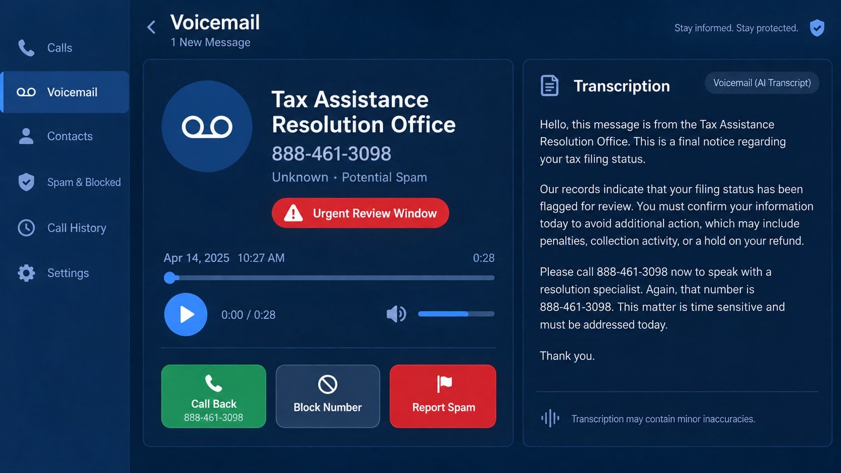 888-461-3098 Tax Scam: How Fake Resolution Calls Steal Money and IDs Online 1 Reconstructed 888-461-3098 tax scam voicemail claiming a filing issue needs urgent review