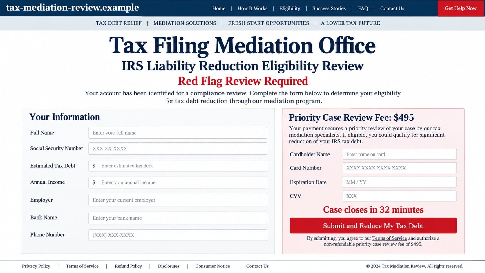 Tax Filing Mediation Office Scam: How Fake Tax Relief Calls Steal Your Data 2 Reconstructed fake tax mediation portal collecting Social Security and card information