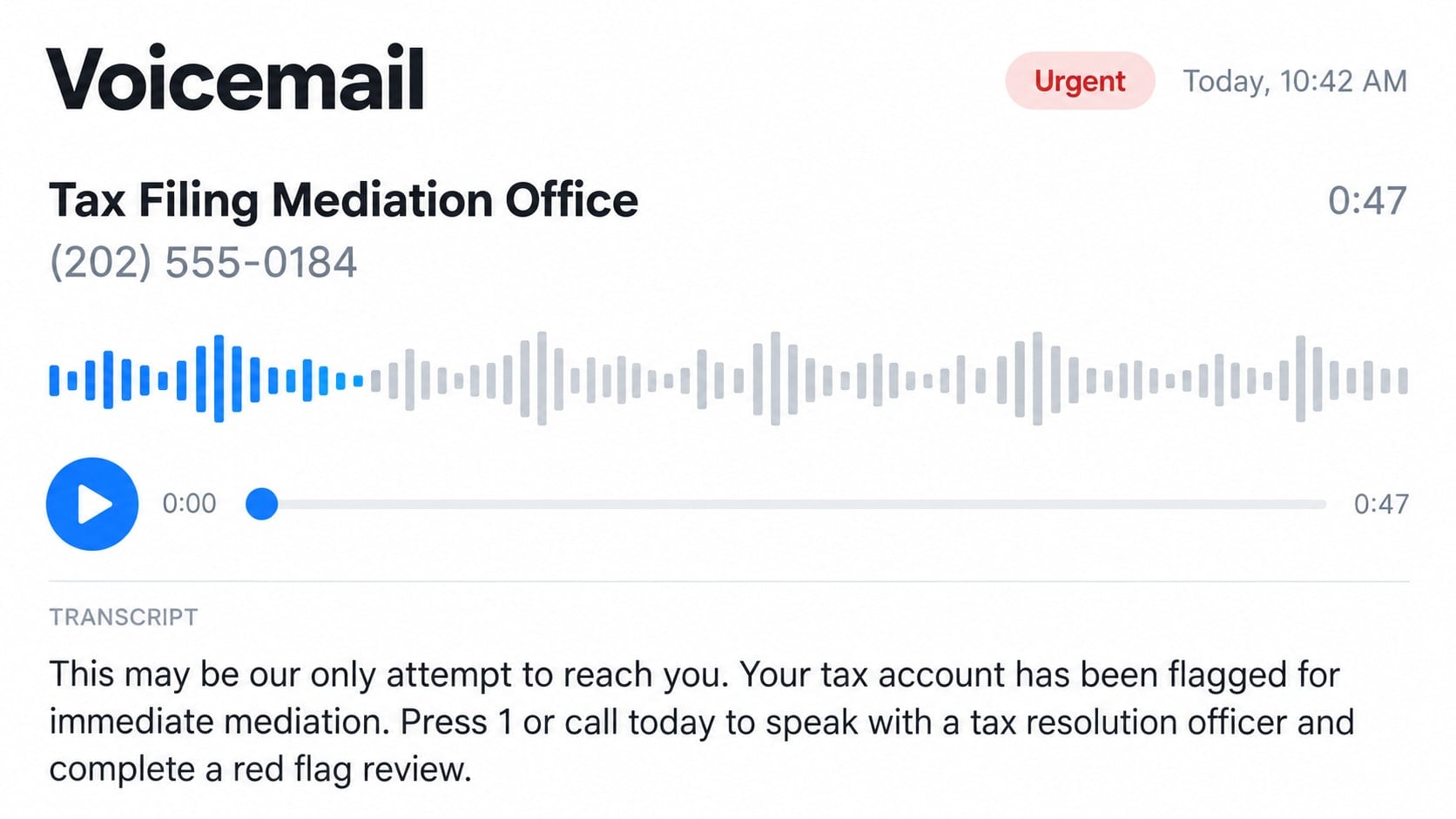 Tax Filing Mediation Office Scam: How Fake Tax Relief Calls Steal Your Data 1 Reconstructed Tax Filing Mediation Office scam voicemail threatening an urgent tax review