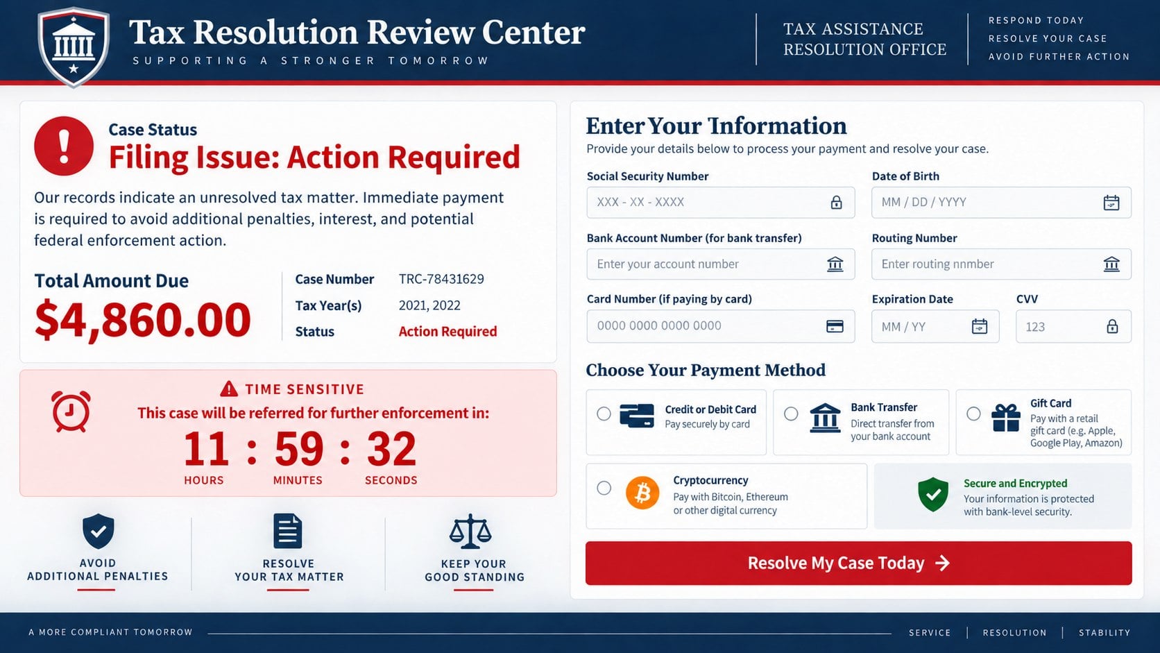 888-461-3098 Tax Scam: How Fake Resolution Calls Steal Money and IDs Online 2 Reconstructed fake tax resolution portal requesting identity data and urgent payment
