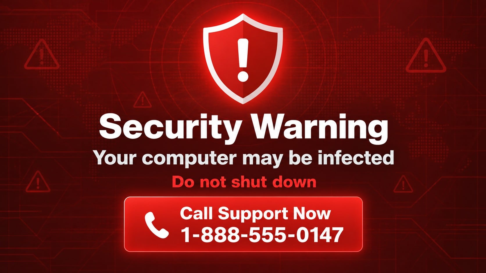Technical Support Scam Warning: How Fake Experts Take Over Your Computer 1 Reconstructed browser security warning urging the user to call fake technical support