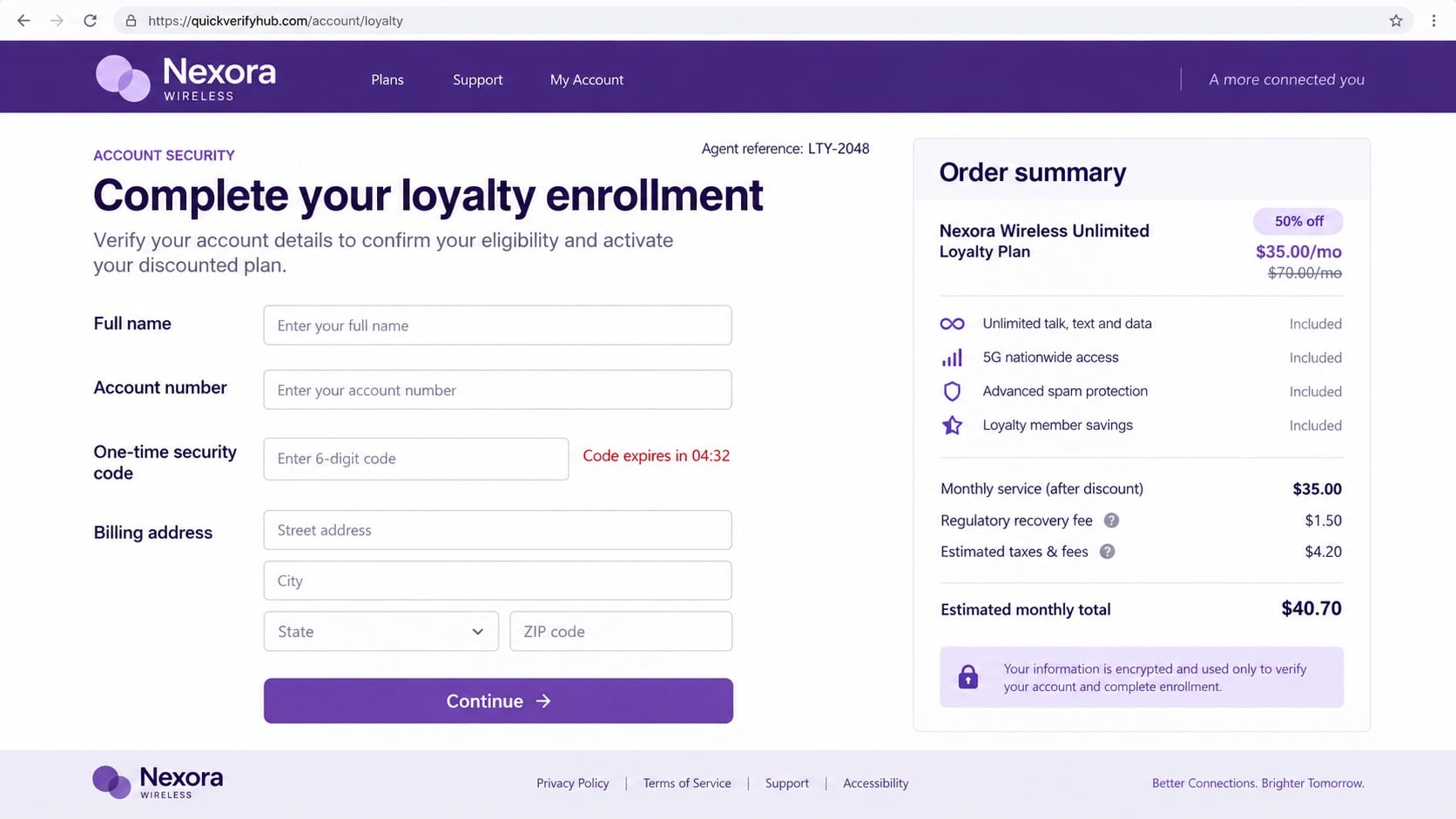 TELUS Loyalty Discount Scam: How Fake Callers Steal Your Account Details 2 Fake telecom loyalty enrollment page requesting an account number and one-time code