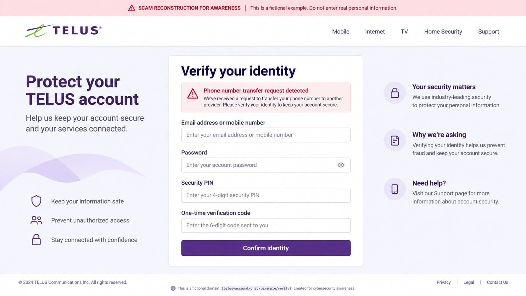 TELUS Phishing Scam: How Fake Texts and Support Calls Steal Your Account 2 Reconstructed fake TELUS verification portal requesting a password PIN and one-time code