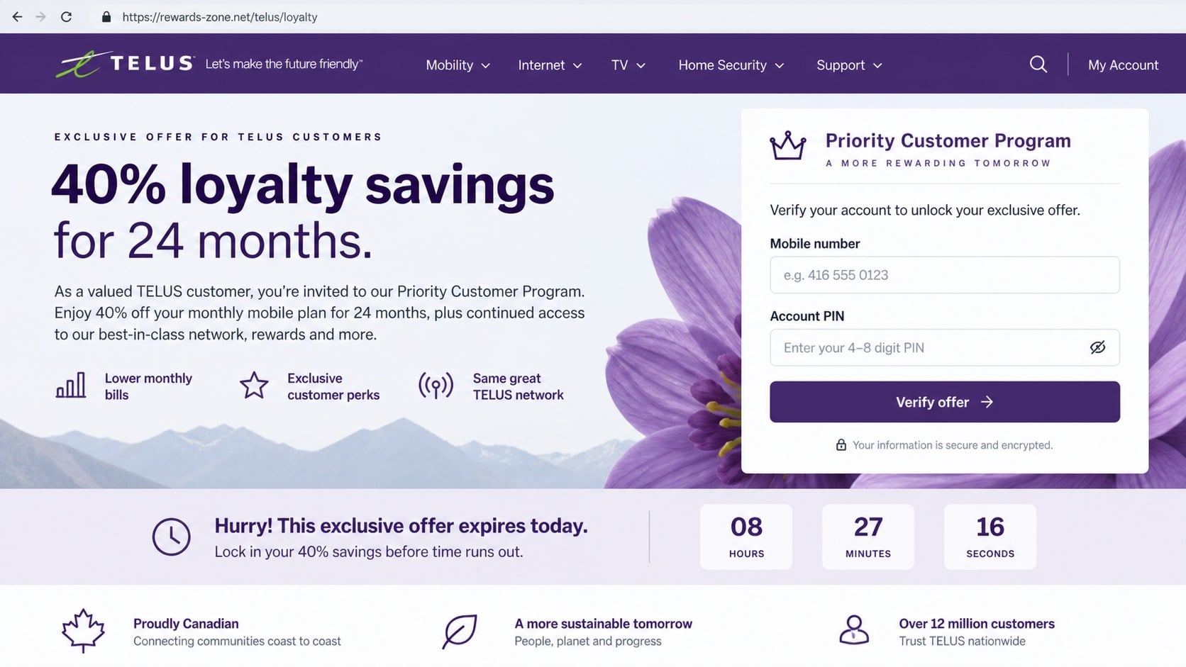 TELUS Loyalty Discount Scam: How Fake Callers Steal Your Account Details 1 Fake TELUS loyalty webpage offering 40% savings and requesting an account PIN