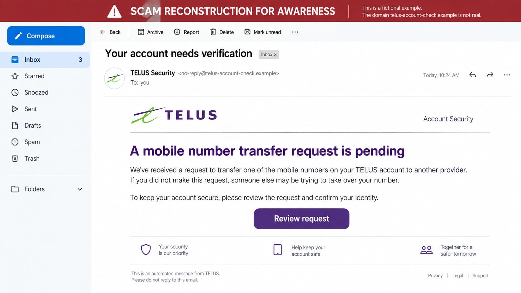 TELUS Phishing Scam: How Fake Texts and Support Calls Steal Your Account 1 Reconstructed TELUS phishing email claiming a mobile number transfer needs verification