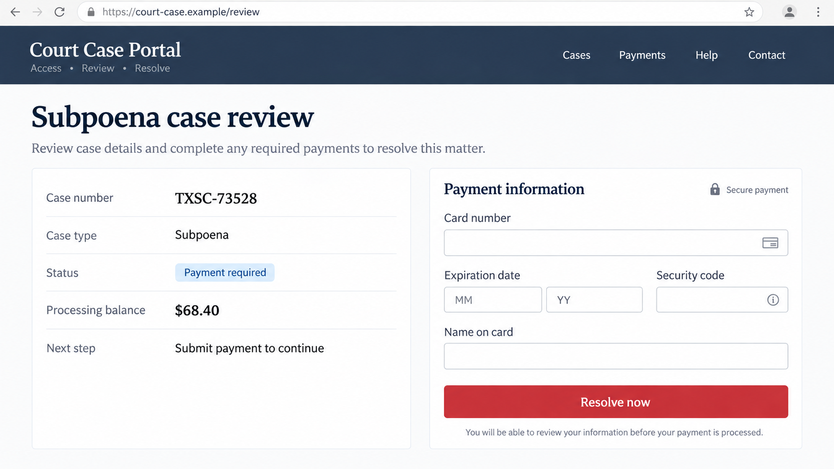 Texas Supreme Court Subpoena Text Scam: Fake Toll Case And Payment Trap 2 Illustrative reconstruction of a fake subpoena case review page demanding a processing payment
