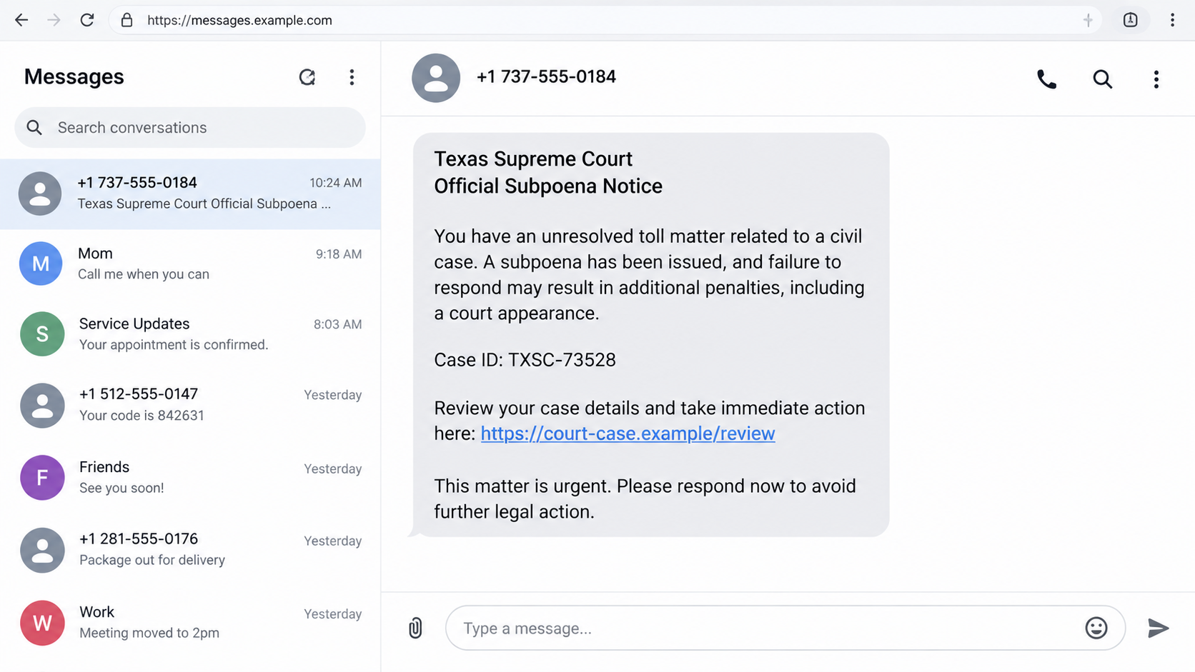 Texas Supreme Court Subpoena Text Scam: Fake Toll Case And Payment Trap 1 Illustrative reconstruction of a fake Texas Supreme Court subpoena text about an unresolved toll