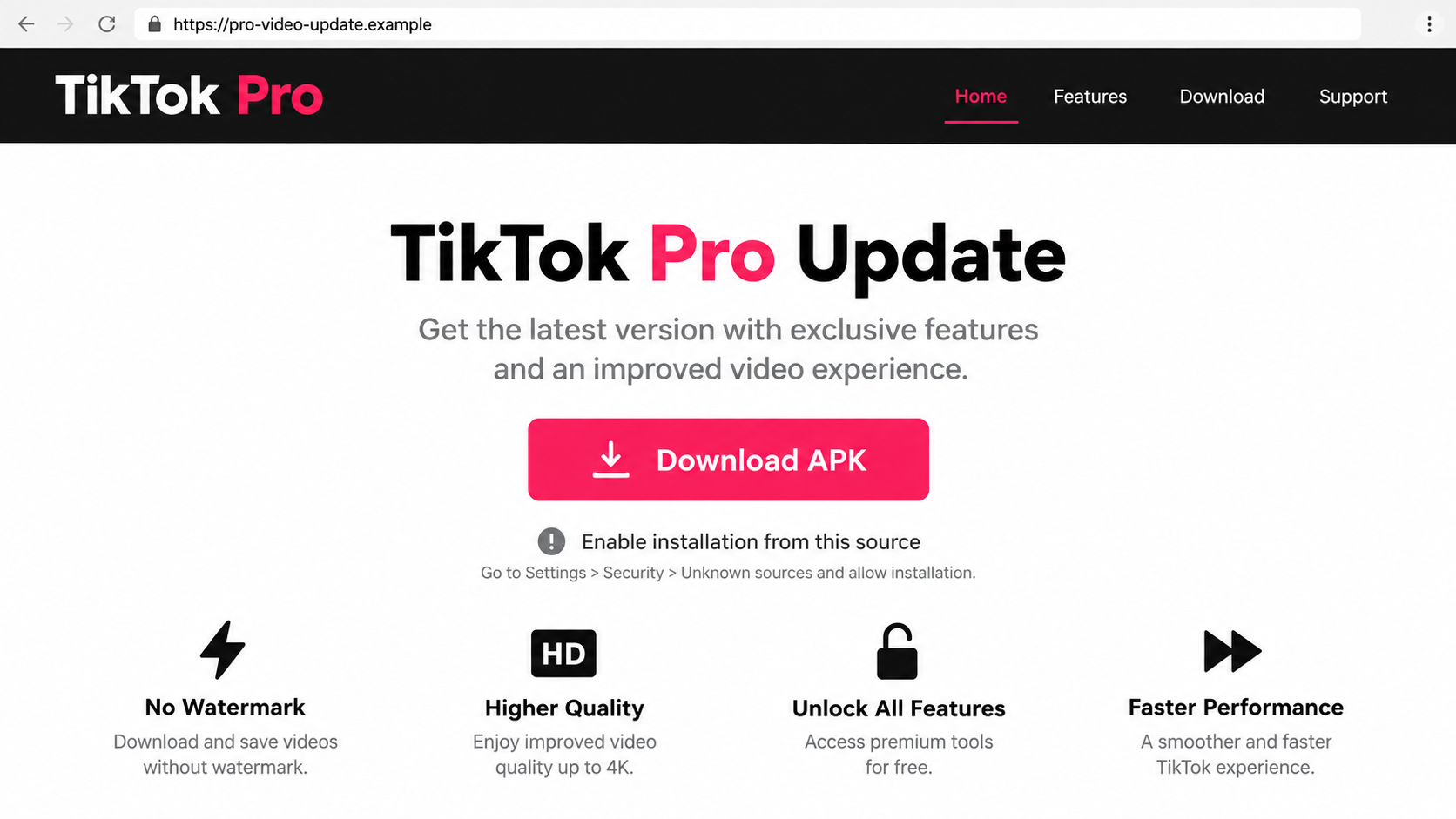 Illustrative reconstruction of a fake TikTok Pro APK download page asking visitors to install from an unknown source