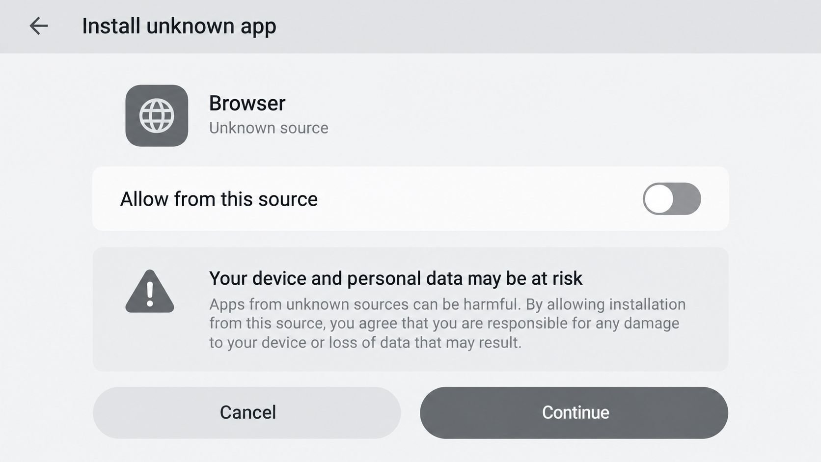 Illustrative reconstruction of an Android warning about allowing installation of an unknown app source