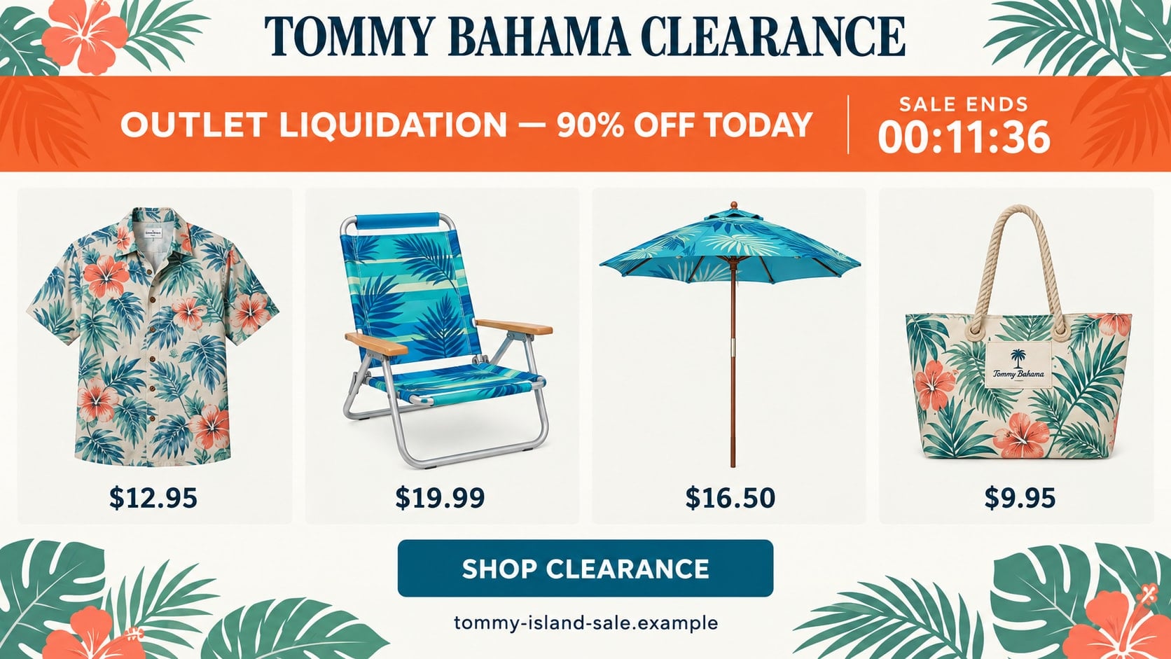 Tommy Bahama Discount Scam: How Fake Clearance Sales Steal Your Money Today 1 Reconstructed fake Tommy Bahama clearance store advertising implausible discounts