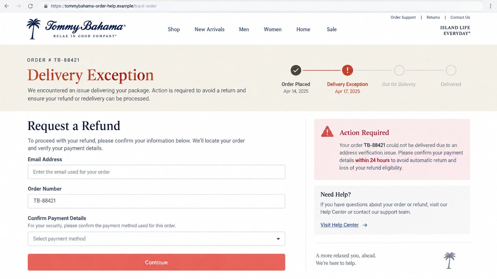 Tommy Bahama Discount Scam: How Fake Clearance Sales Steal Your Money Today 2 Reconstructed fake Tommy Bahama delivery and refund portal requesting payment details