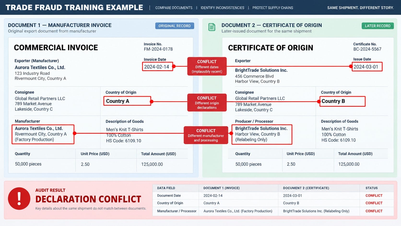 Great Transshipment Scam: How False Origin Labels Evade U.S. Tariffs Today 2 Reconstructed shipping documents with conflicting origin and routing information