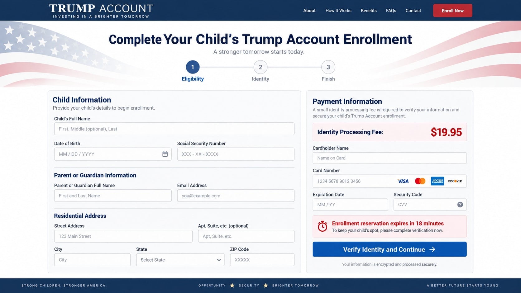 Reconstructed fake Trump Account enrollment portal requesting a child's Social Security number and card fee