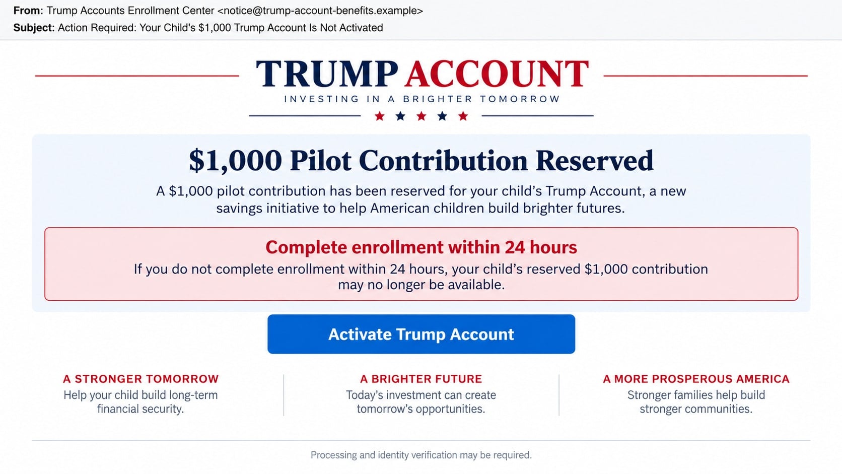 Reconstructed Trump Account phishing email claiming a child's $1,000 contribution expires soon