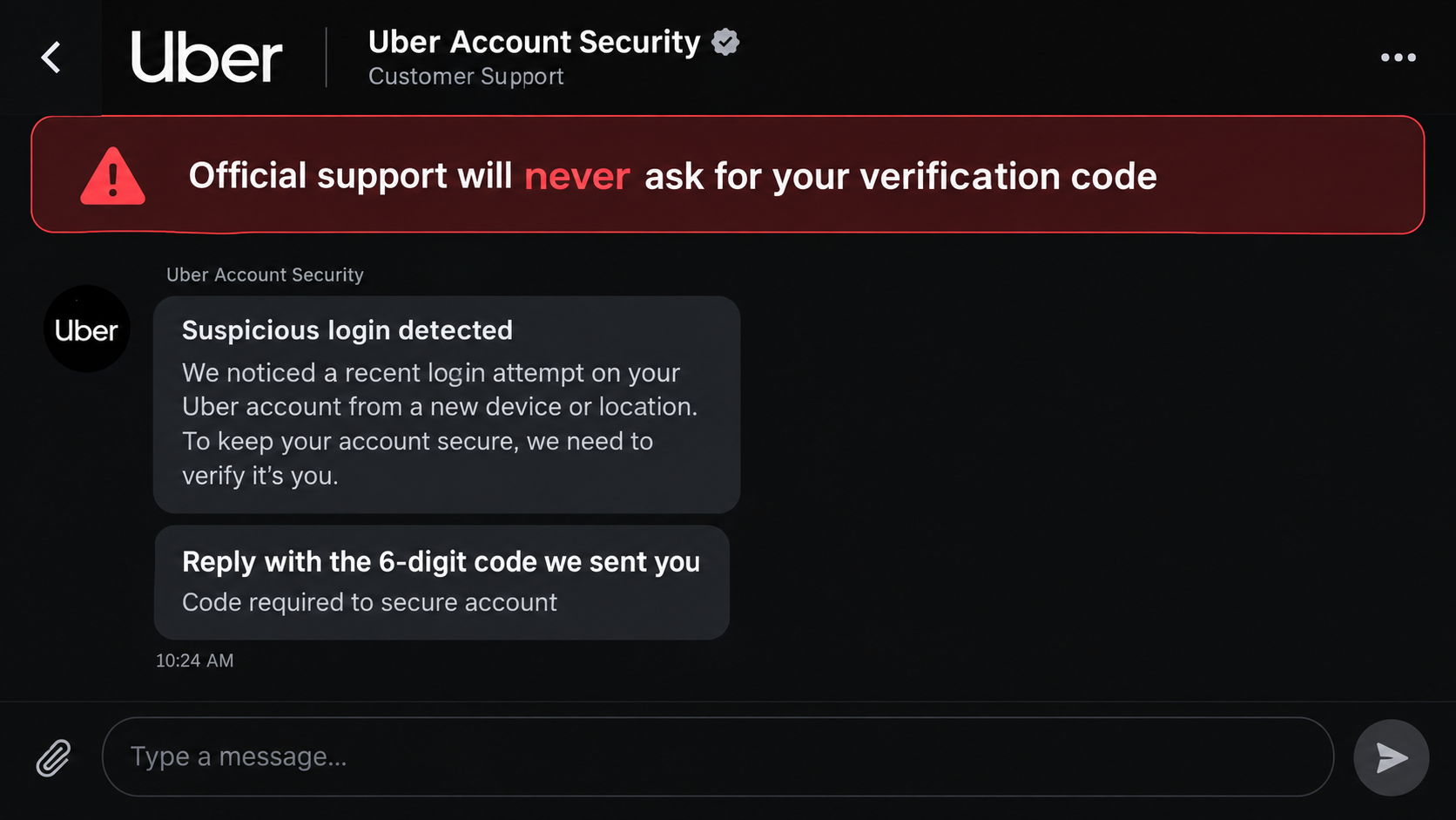 Reconstructed fake Uber support chat asking for a verification code to protect an account