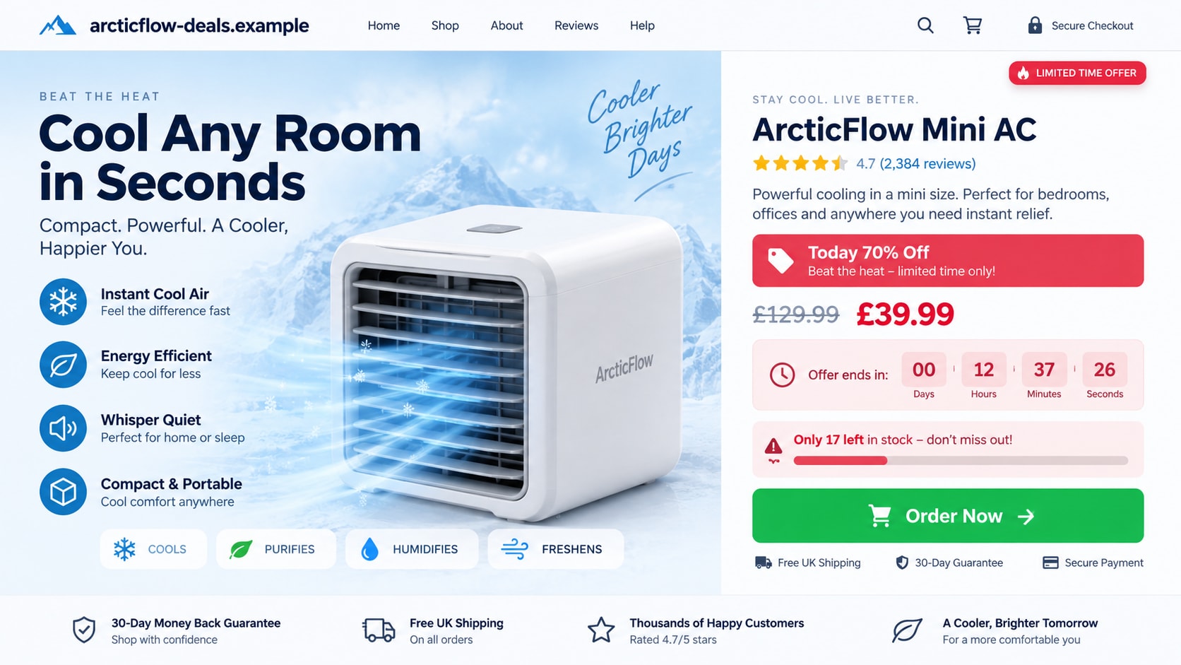 UK Air Conditioner Scam: How Heatwave Ads Sell Fake Cooling Devices Online 1 Reconstructed UK air conditioner scam advert promising instant room cooling and a 70% discount