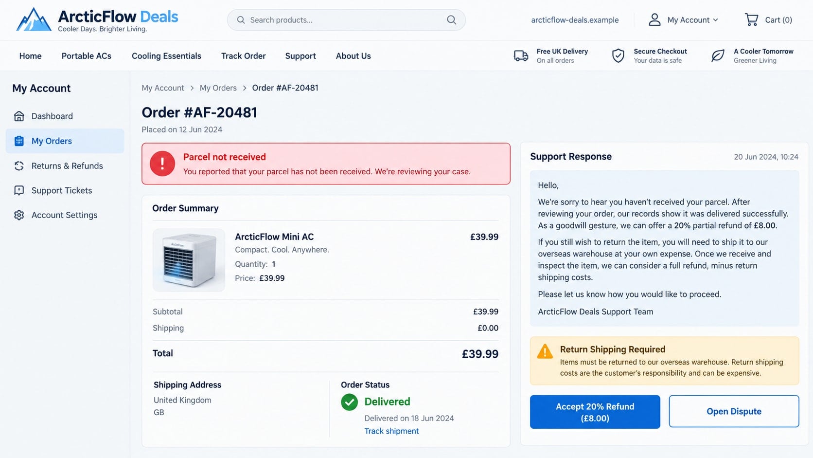 UK Air Conditioner Scam: How Heatwave Ads Sell Fake Cooling Devices Online 2 Reconstructed air conditioner order page showing non-delivery and a 20% partial refund offer