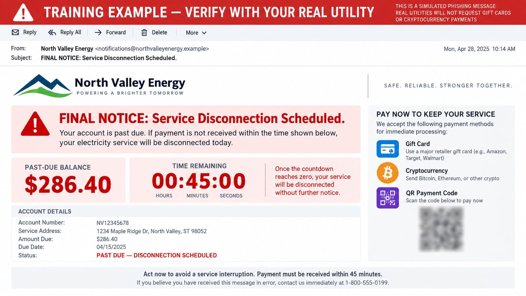 Reconstructed fake utility shutoff alert demanding an immediate payment