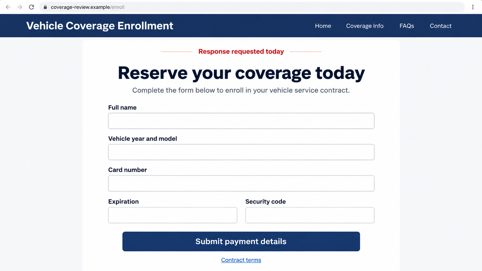 Illustrative reconstruction of a vehicle coverage enrollment page requesting payment details before a clear contract review