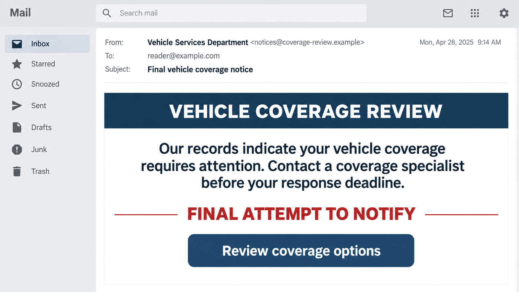 Illustrative reconstruction of a generic vehicle coverage email using a final notification warning