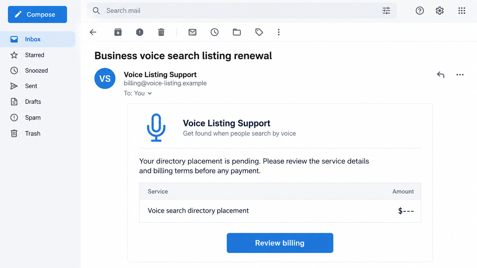 Illustrative reconstruction of a voice search directory billing email following an unsolicited listing call