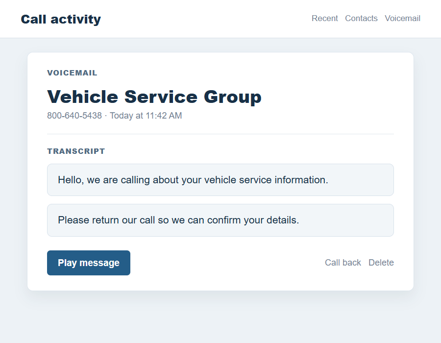 Flat on-screen call summary illustrating an unsolicited caller claiming to represent Vehicle Service Group