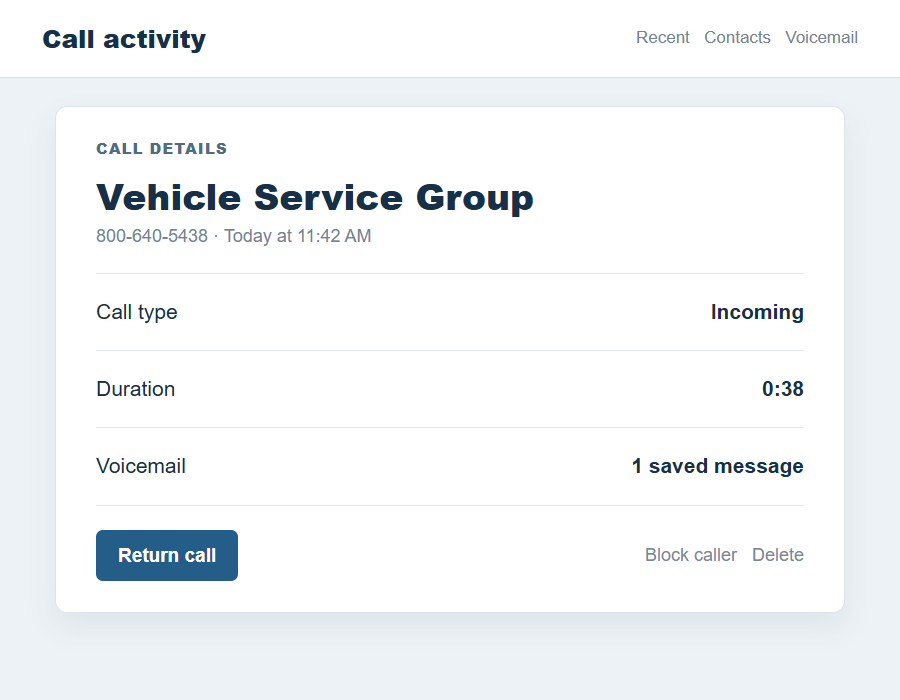 Flat on-screen call details reconstruction showing a purported Vehicle Service Group caller ID and callback number