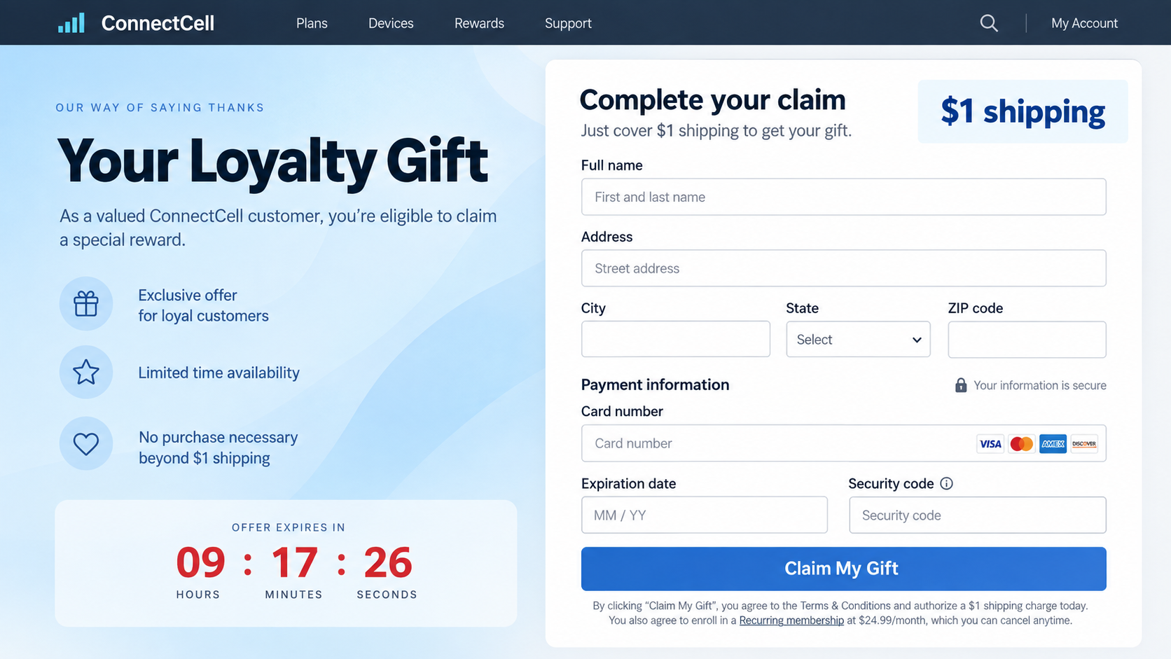 Reconstructed fake loyalty gift page requesting personal and card information for $1 shipping