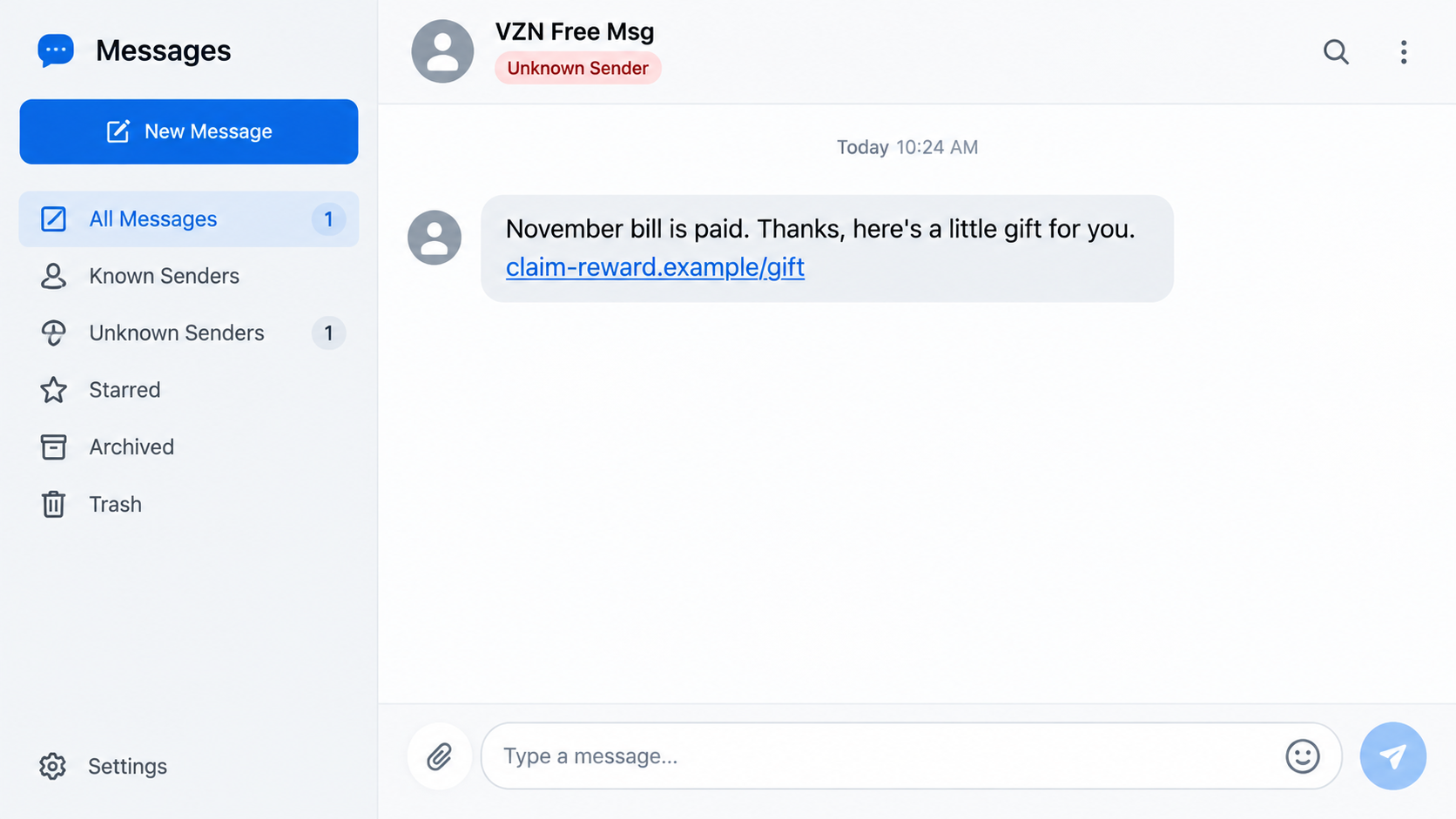 Reconstructed VZN Free Message text claiming a November bill was paid and offering a gift