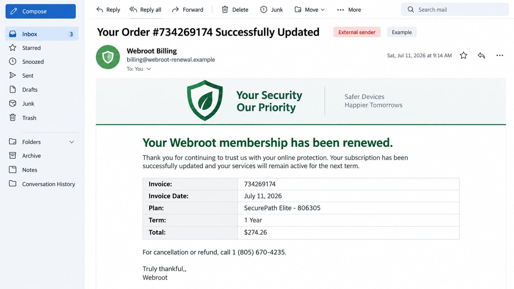 Reconstructed Webroot renewal scam email showing a $274.26 invoice and 805-670-4235