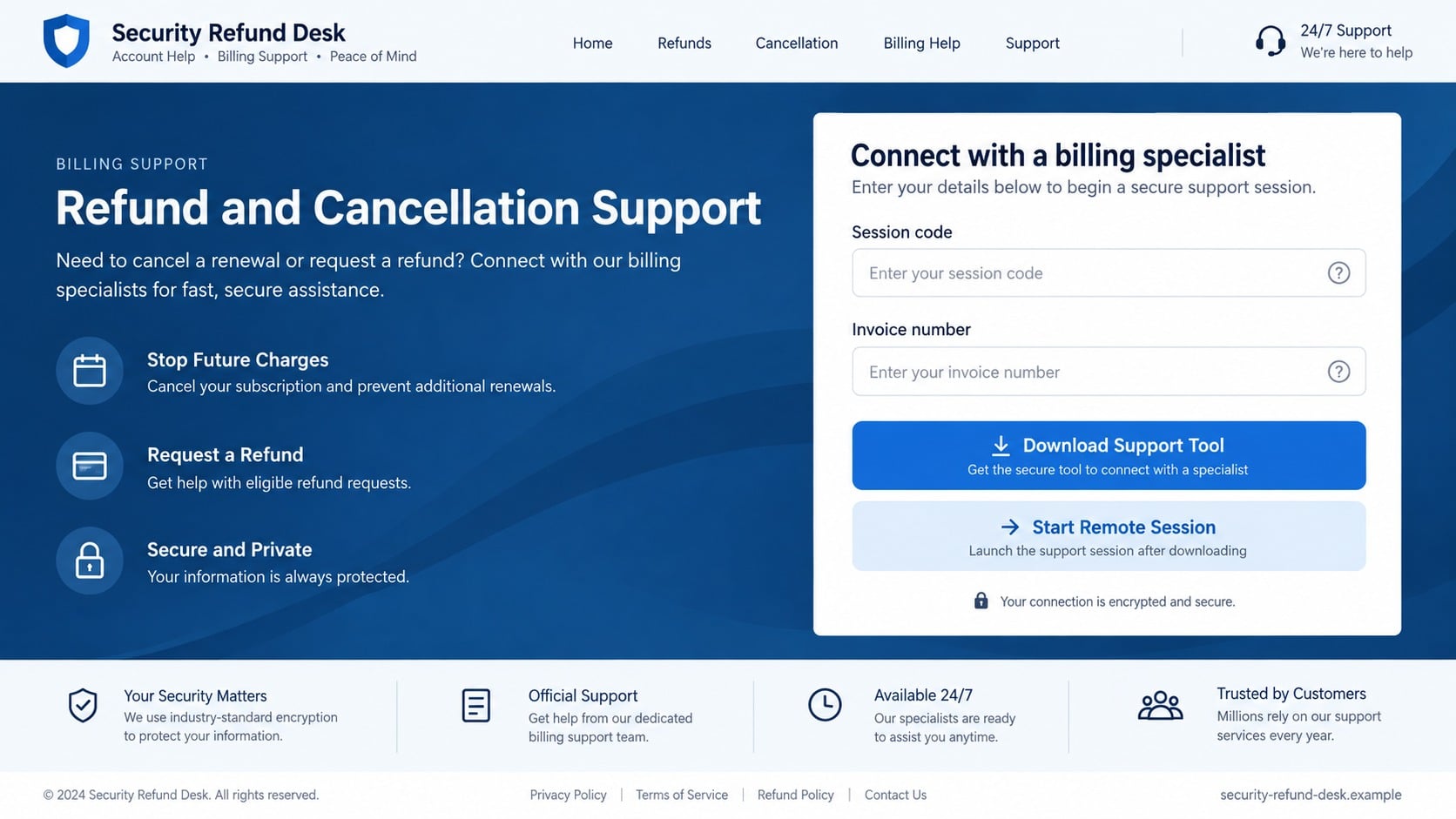 Fake security refund portal asking for a remote support session