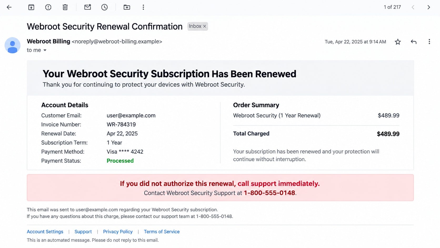 Fake Webroot security renewal email showing a $489.99 charge