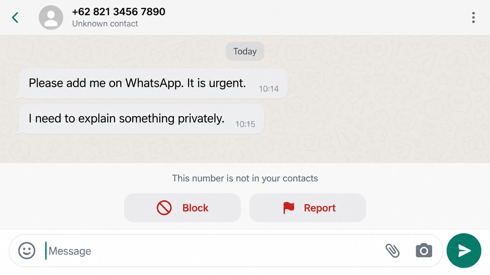 Reconstructed unknown-contact message asking to be added on WhatsApp