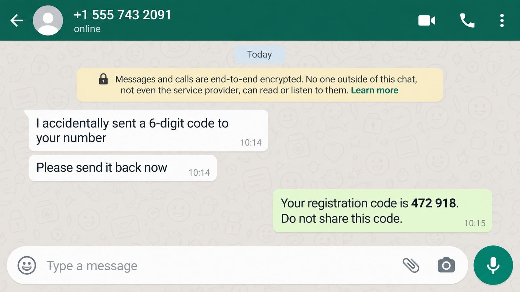 Reconstructed WhatsApp code theft conversation asking for a six-digit registration code
