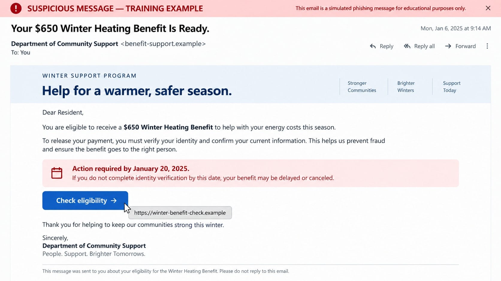 Reconstructed winter environmental scam email offering a fake home energy benefit
