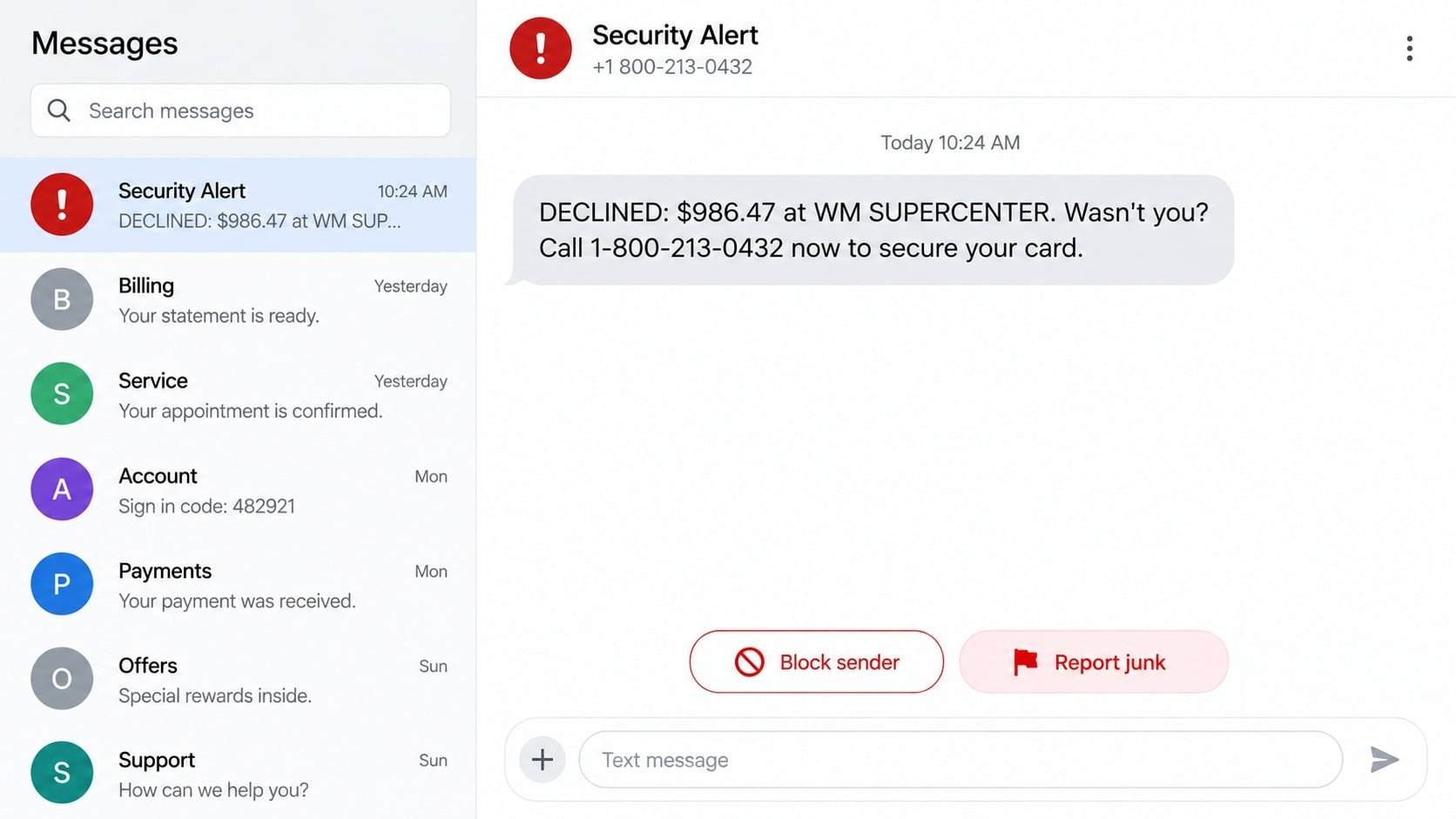 1-800-213-0432 WM SUPERCENTER Scam Text: How the Fake Alert Works Today 1 Reconstructed WM SUPERCENTER scam text directing the recipient to call 1-800-213-0432