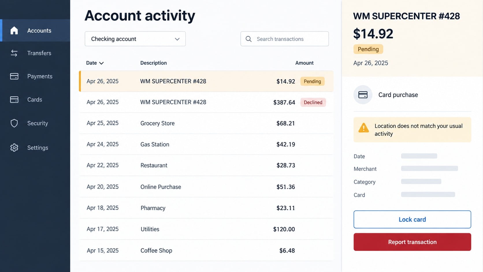 WM SUPERCENTER Charge Scam: What the Transaction Means and How to Act Fast 1 Reconstructed bank activity screen showing unfamiliar WM SUPERCENTER transactions