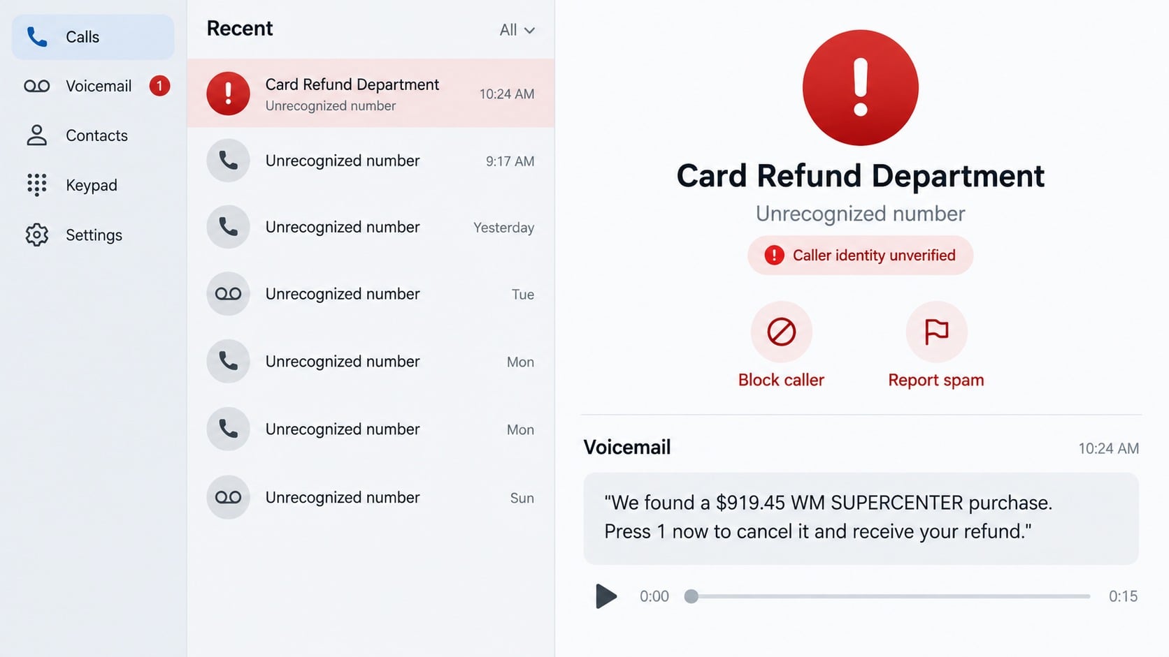 WM SUPERCENTER Charge Scam: What the Transaction Means and How to Act Fast 2 Reconstructed refund scam voicemail claiming a $919.45 WM SUPERCENTER purchase