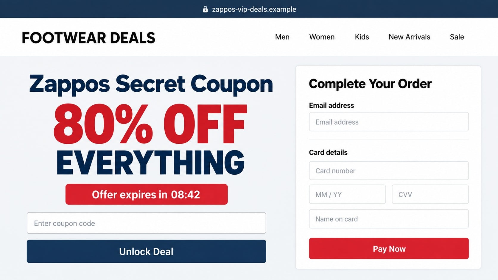 Zappos Coupon Scam Alert: How Fake 80% Off Deals Steal Card Details Online 1 Reconstructed fake Zappos coupon page offering 80% off and requesting card details