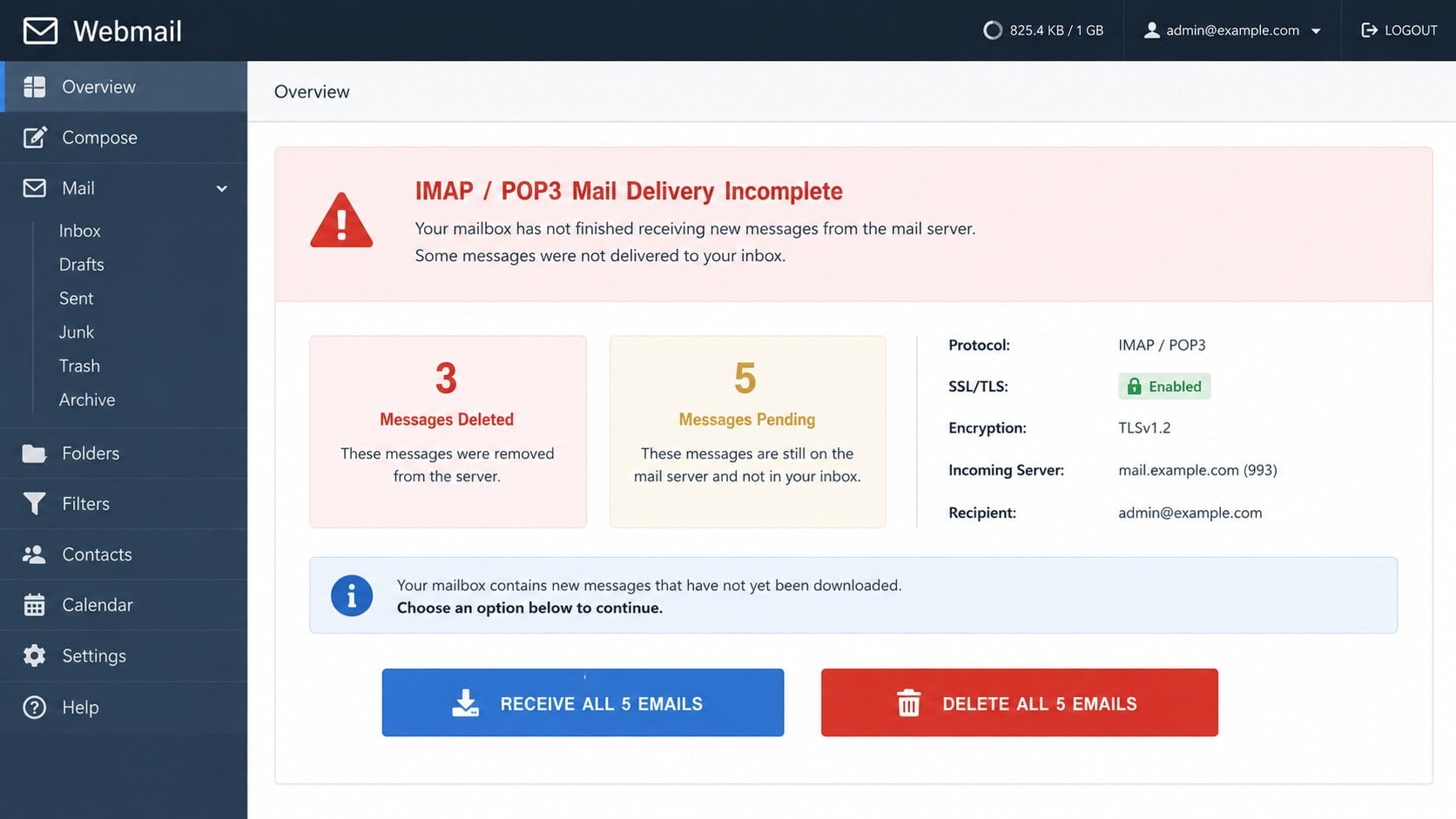 IMAP POP3 Mail Delivery Incomplete phishing email showing pending messages
