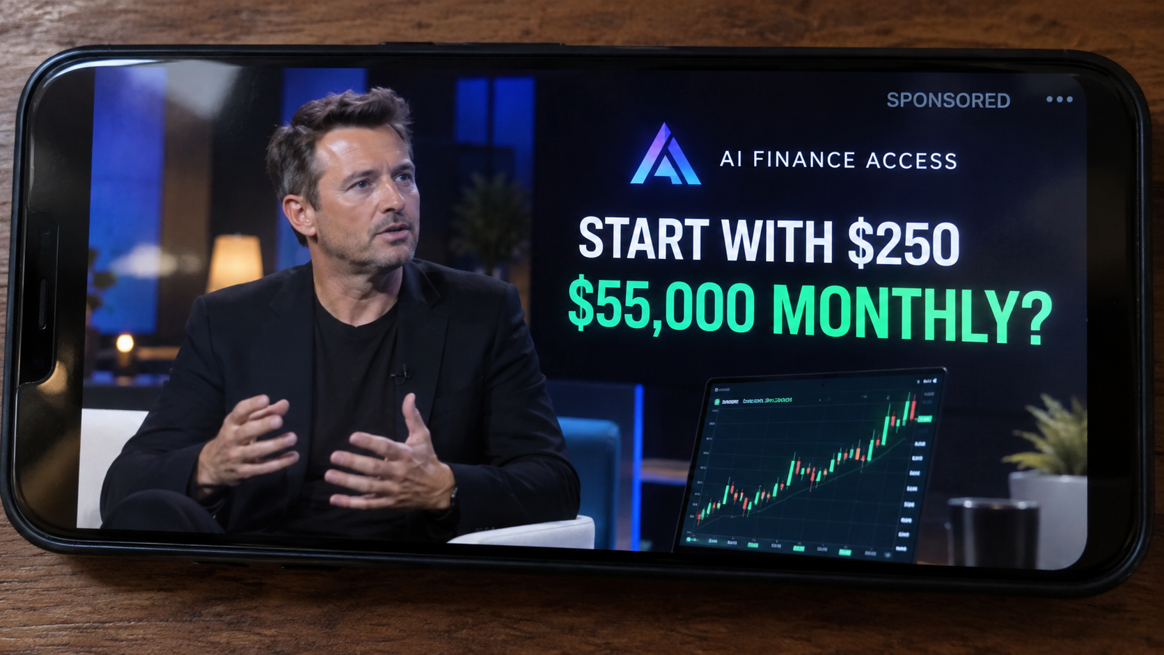 Sponsored social video promising large monthly income from a fictional AI finance platform