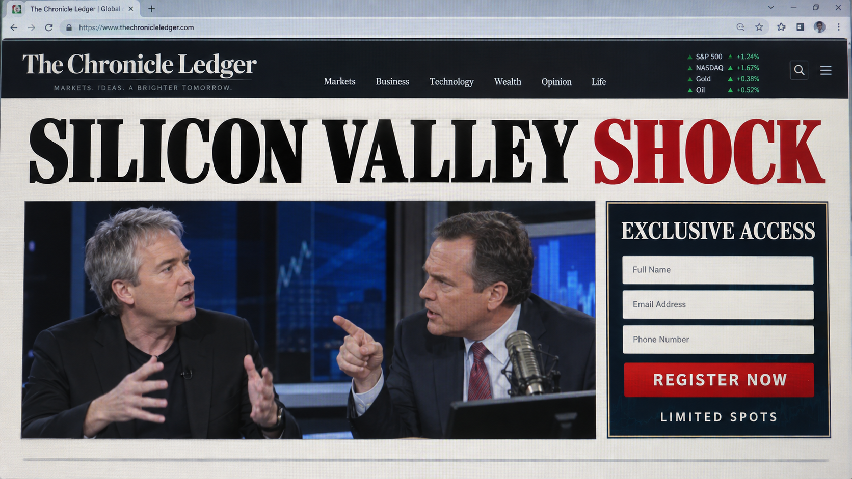 Fictional financial newspaper advertorial with an exclusive access registration form