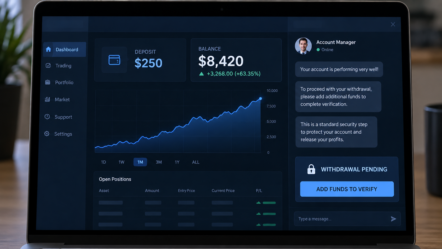 Fake trading dashboard showing invented profits and a blocked withdrawal request