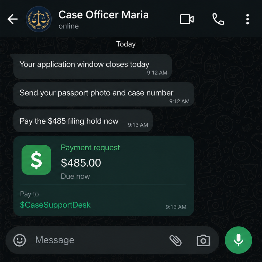 Fake Immigration Help Scam Steals Money and Documents 2 Illustrative reconstruction of a fake immigration agent requesting passport data and payment in chat